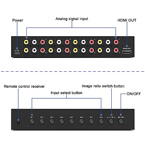 8 Port RCA to HDMI AV to HDMI Converter 1080P/720P 8 Way RCA Composite CVBS AV Switch to HDMI Converter Adapter Support 4:3/16:9 Switch For Sega Xbox PS1 PS2 PS3 N64 NGC SNES WII VHS VCR Camera - color: 8AV to HDMI Converter