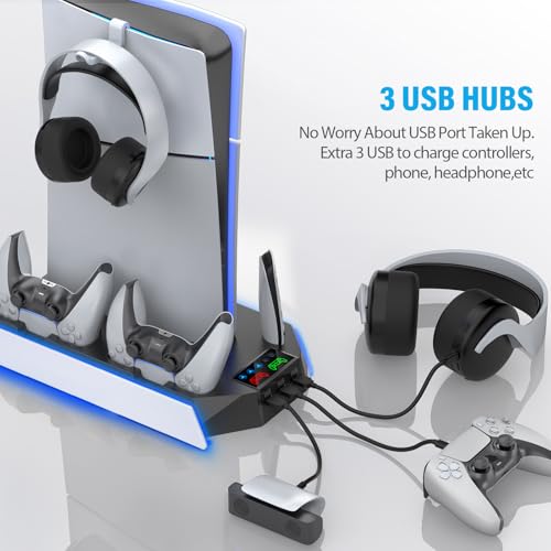 PS5 / PS5 Slim Cooling Station Stand LED with Dual Controller Charging Station for PlayStation 5 Console, PS 5 Accessories Incl. Controller Charger, Cooling Fan, Headset Holder, 3 USB Hub-White&Black - color: RGB WHITE & BLACK