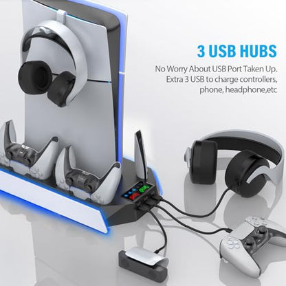 PS5 / PS5 Slim Cooling Station Stand LED with Dual Controller Charging Station for PlayStation 5 Console, PS 5 Accessories Incl. Controller Charger, Cooling Fan, Headset Holder, 3 USB Hub-White&Black - color: RGB WHITE & BLACK