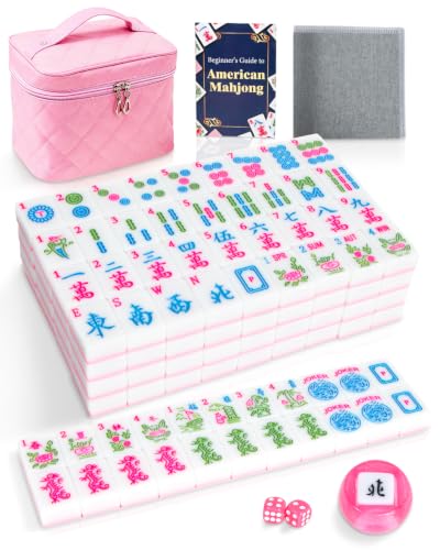 TBMAXS American Mahjong Tile Set with Mat for Beginners, Travel Sized 1.2" 166 Pink Mahjong Tiles with Dices Wind Indicator Bag for Easy to Store Mini Mah Jongg Game Sets for Adults