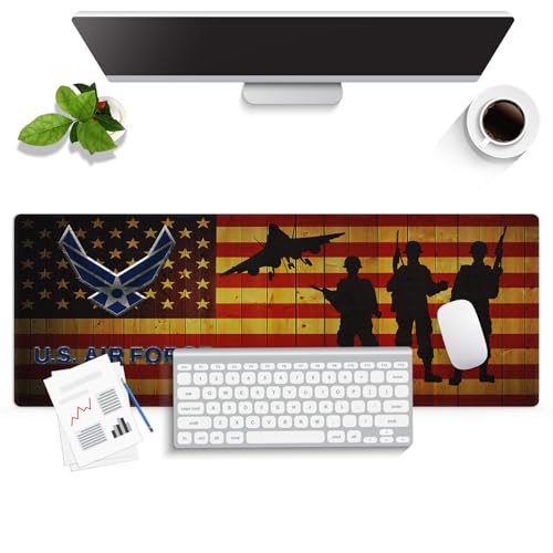 US Air Force Patriotic Large Mouse Pad, Wooden American Pride Flag Desk Mat | Keyboard Mat Stitched, 31.5" x 11.8", Military Soldier Fighter Jet Silhouette, Rustic Wood Grain, Man Cave Veteran Gift - color: Vibrant Design J11K