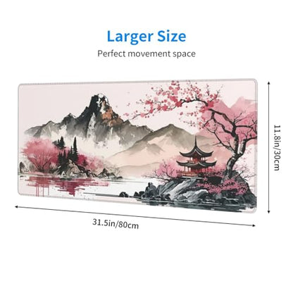 Watercolor Japanese Large Gaming Mouse Pad,Mouse Pad Gaming 31.5 x 11.8 in Mouse Mat Desk Pad,Large Desk Mat,Extended Keyboard Mousepad with Non-Slip Base and Stitched Edge for Desk Home Office - color: Watercolor Cherry Blossom
