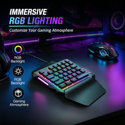 One Hand RGB Gaming Keyboard, Single Hand Keyboard with Wrist Rest, 35 Keys Portable Mini Half Gaming Keypad Mechanical Feeling Ergonomic Game Controller for PC Gamer