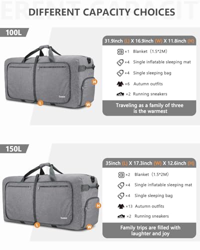 Gonex Large Foldable Travel Duffle Bag with Shoes Compartment, Packable Lightweight Water Repellent Duffel Bag for Camping Gym Weekender Bag - color: Light Grey, size: 60L
