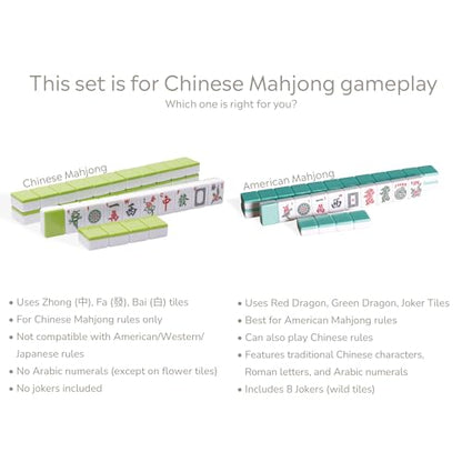 YMI Chinese Mahjong Set, “Aureum Spring” with 146 Tiles | A practical, portable Chinese Mahjong set with 146 tiles, dice, and wind indicator. Champagne vinyl case with gold accents. - color: Apple Green