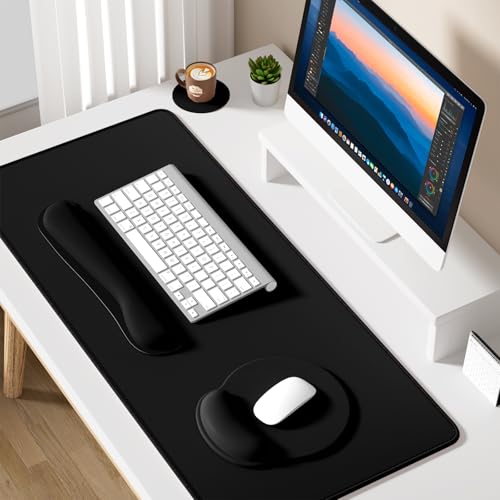 Dapesuom Large Gaming Mouse Pad, Black Mouse Pads with Wrist Rest Wrist Support, 4in1 Big XXL Desk Mat Desk Pad + Ergonomic Mousepad + Memory Foam Keyboard Mat Wrist Rest + Coaster Set for Computer - color: Jet Black