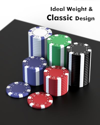 HEITOK Poker Chips, 500PCS Poker Chip Set with Aluminum Travel Case, Waterproof of 11.5 g Poker Set for Texas Holdem Blackjack Gambling | 500 blank 11.5g iron-core poker chips with aluminum case, cards, dice and buttons for 2-10 player game nights - size: