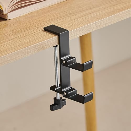 Heavyrain Desk Edge Headphone Holder and Bag Hook, Clamp-On Design, No Drill Installation, Metal, Black - color: black.