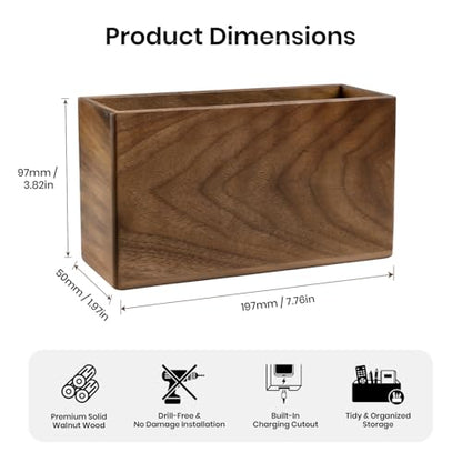Remote Holder Hole-Free, Self-Adhesive Storage Wooden Box Large | Wall Mounted or Desk Mounted Container for Remote Phone Pencil Stationery Accessories Placement - size: Large