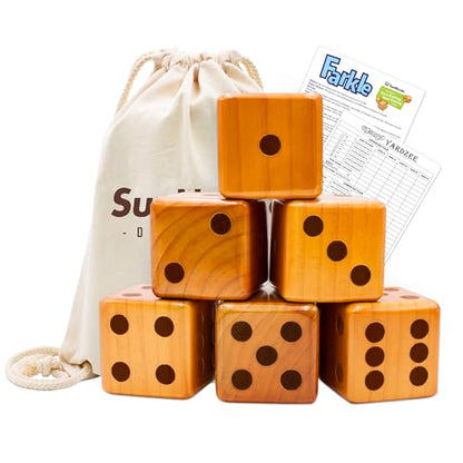 SunNordic 6 Giant Wooden Yard Dice Game Set, Outdoor Lawn Yardzee Game Jumbo with Carry Bag＆ Scorecard, Backyard Dice Game for Adults Family