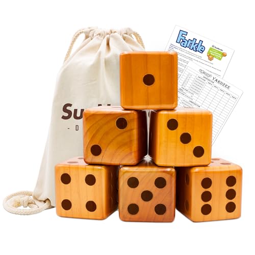 SunNordic 6 Giant Wooden Yard Dice Game Set, Outdoor Lawn Yardzee Game Jumbo with Carry Bag＆ Scorecard, Backyard Dice Game for Adults Family