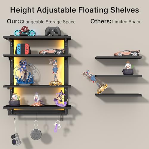 Spacesea Foldable Gaming Floating Shelves with Adjustable Shelf, 24 Inch Wall Mounted Shelves with Dynamic LED, 4 Tier Wall Mounted Shelves with Towel Bar & 8 Hooks, Cool Wall Display Rack