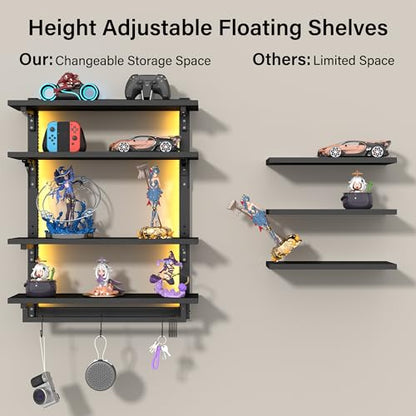 Spacesea Foldable Gaming Floating Shelves with Adjustable Shelf, 24 Inch Wall Mounted Shelves with Dynamic LED, 4 Tier Wall Mounted Shelves with Towel Bar & 8 Hooks, Cool Wall Display Rack