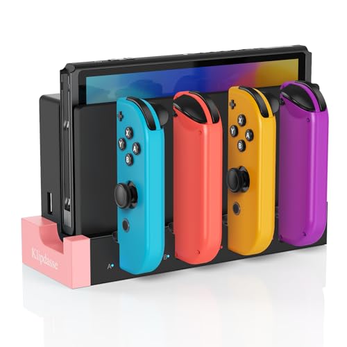 Switch Controller Charger Dock for Nintendo Switch 1/OLED for 4 Joy-Cons | Fast Charging Station for 4 Joycons, Stand for Nintendo Switch Dock Accessories, with LED Indicator & Extra USB 2.0 Port - color: Pink-Black, size: For Switch/OLED