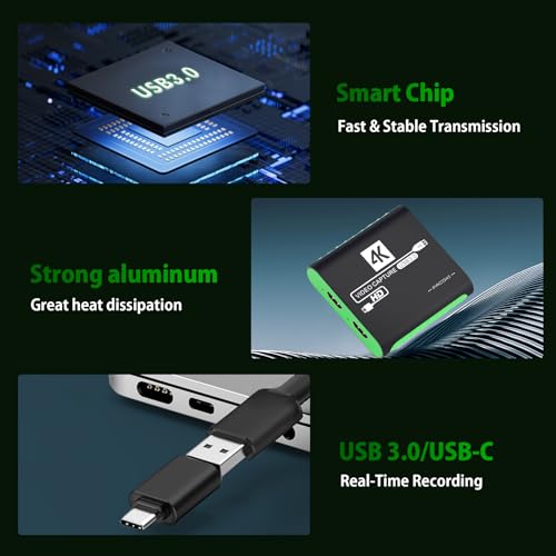 HDMI Capture Card for Nintendo Switch 2, 1080P 60FPS, Green | USB 3.0 plug and play for OBS beginners, 4K 30Hz passthrough, works with PS5, Xbox, PC and Mac - color: Green