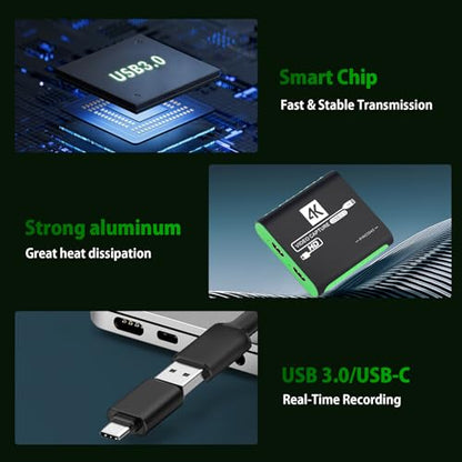 HDMI Capture Card for Nintendo Switch 2, 1080P 60FPS, Green | USB 3.0 plug and play for OBS beginners, 4K 30Hz passthrough, works with PS5, Xbox, PC and Mac - color: Green