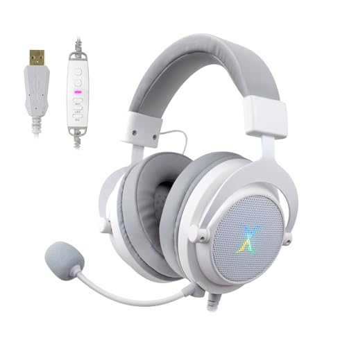FOXXRAY HAU-37 USB Gaming Headset for PC, Computer Headphones with Microphone, 7.1 Surround Sound, 50MM Dynamic Drivers, RGB Light, Wired Headphones for PS4, PS5, Laptop - color: White