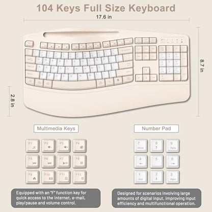 Wireless Keyboard and Mouse Combo, Ergonomic Wave Keys(Milk Tea-B) | 2.4G Full Size Keyboard with Wrist Rest, Phone Holder, 3-Level DPI Silent Mouse with 6-Buttons,for Windows/Mac OS/Laptop - color: Milk Tea-B