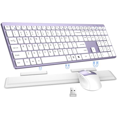 Wireless Keyboard and Mouse Combo, Full Size Silent Ultra Thin Keyboard with Magnetic Wrist Rest, Optical Mouse, 2.4G Lag-Free Cordless Mice Keyboard Set for Computer, Mac, Laptop, PC, Windows - color: Metallic Purple
