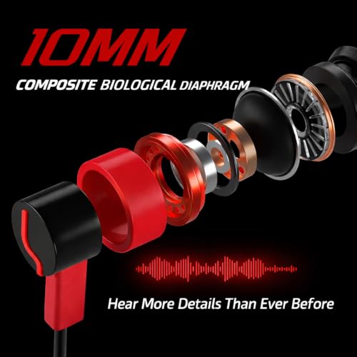 Wired Gaming Earbuds with Mic, Noise Cancelling USB C in-Ear Headphones for iPhone, Android, Xbox One, PS4, Switch, Extra Bass Shark Fin Design, Extra Bass for Sport Sleep Workout (Red)
