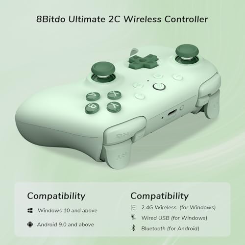 8Bitdo Ultimate 2C Wireless Controller for Windows PC & Android (Green) | 1000Hz Polling Rate, Hall Effect Joysticks & Hall Triggers, Remappable L4/R4 Bumpers - color: Green