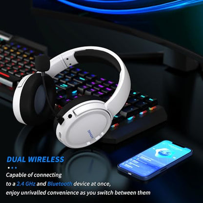 BINNUNE Wireless Gaming Headset — 2.4GHz Low-Latency USB Dongle + Bluetooth, 50mm Drivers 7.1 Surround, Noise-Cancelling Mic, 40H Battery — Over Ear Wireless Headphones for PS5, PC, Laptop, White - color: White, style: For PS5