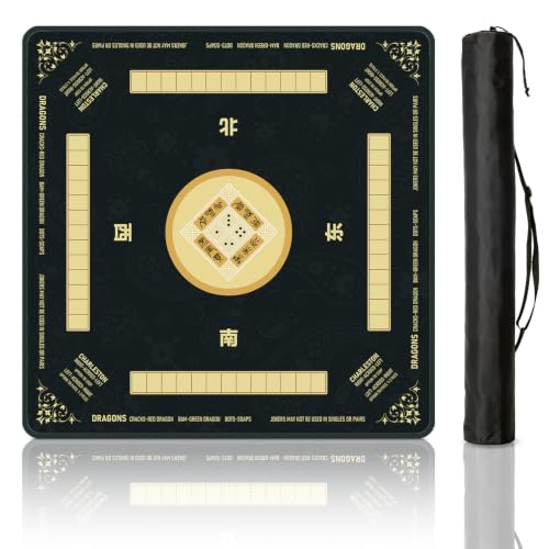 Black Mahjong Mat for Table with Rules, 31.5" x 31.5" Noise Reduction Non Slip Waterproof Mah Jong Table Mat with Carrying Bag, Suitable for Mahjong, Poker, Board Games, Dominoes, and Card Games - color: Black