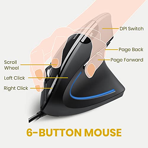 Perixx PERIMICE-513 Wired Ergonomic Vertical Mouse - 6 Buttons with 1000/1600/3200/6400 DPI - Right-Handed Design - Wired USB 5.9ft Cable - Black - style: Wired