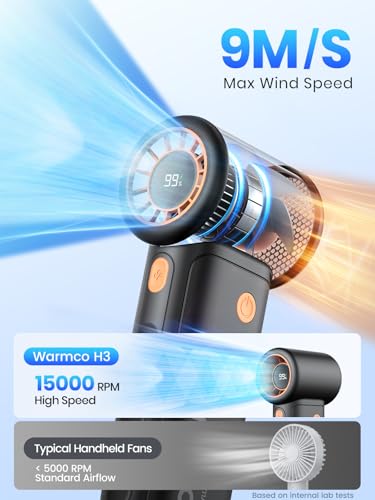 Warmco 10000mAh Turbo Portable Handheld Fan | 36H Runtime, 15000RPM Motor, 9m/s Airflow, 5 Speeds, LED Display, USB- C-C Two-Way Charging,Outdoor Travel - color: Black