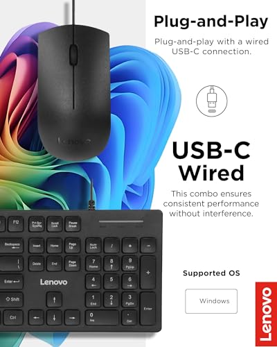 Lenovo 305 USB-C Wired Keyboard & Mouse Combo, Black, Spill-Resistant, Narrow Border, Adjustable Tilt, Full-Size Keyboard & Mouse, Compatible with Laptop, PC, Tablet, USB-C Connectivity Gaming Office - style: 305 USB C - Mouse + Keyboard
