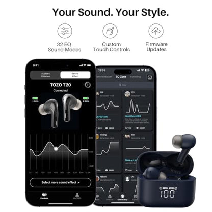 TOZO T20 Wireless Earbuds 97H Playtime, Wireless Charging LED Display Case | 10mm Deep Bass Sound, Dual Mic ENC Clear Calls, IPX8 Waterproof, Bluetooth 5.3, Comfortable Fit Ear Buds For Daily Use, Blue - color: Blue