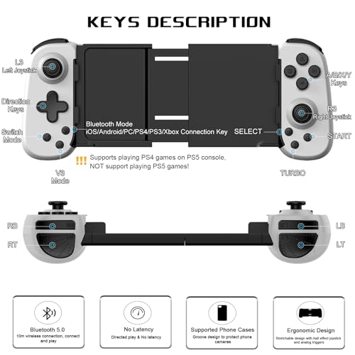 arVin Mobile Game Controller for iPhone/iPad/Android/Samsung/Tablet/PC/Switch/PS3/PS4, Wireless Gamepad Joystick with Turbo/6-axis Gyro/Vibration, Play Xbox Cloud Gaming/PS Remote Play/Steam Link - color: White, size: Standard Version(D6)
