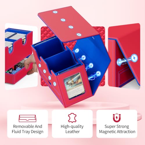 UAONO 3-in-1 MTG Commander Deck Box, Red Blue | 2 Magnetic Card Holders & 1 Dice Tray, Fits 200 Double Sleeved, Card Organizer Compatible with Magic the Gathering - color: Red&Blue