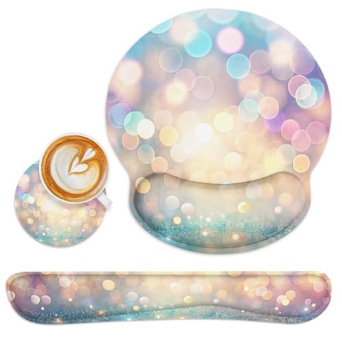 Ergonomic Mouse Pad Set with Wrist Rest, Glitter Gold | Fantasy Colorful Non-Slip Rubber Base Wrist Cushion Support and Coasters Mousepad with Wrist Support for Computer Keyboard - color: Colorful Glitter