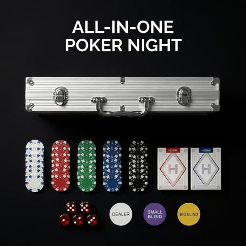 HEITOK Poker Chip Set - Classic 300PCS Poker Set with Aluminum Case, 11.5 Gram Casino Chips for Texas Holdem Blackjack Gambling | 2-8 players, custom stakes, 2 decks, 5 dice, dealer and small/big blind buttons, Blackjack, card game nights - size: 300 blan