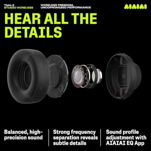 AIAIAI TMA-2 Studio Wireless Black Over-Ear Headphones, W+ Link + Bluetooth | Studio headphones for mixing and producing, W+ Link and Bluetooth, 20+ Hours of Playback, detailed sound, app EQ, memory foam