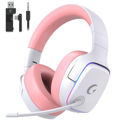 Gvyugke 2.4GHz Wireless Gaming Headsets for PS5, PS4, PC, Switch - Bluetooth 5.3 Gaming Headphones with Noise Canceling Mic, 7.1 Surround Sound, 70H Battery, RGB Lighting - Pink - color: Pink