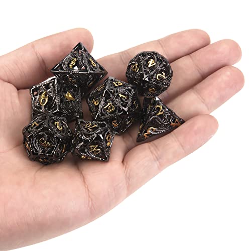 DND Dice,Hollow D&D Metal Dice,Dungeons and Dragons Dice Set with Gift Box,7 PCs Steampunk Polyhedral Dice Games Set for RPG,MTG,Pathfinder, (Dragon Black Golden) - color: Dragon Black Golden