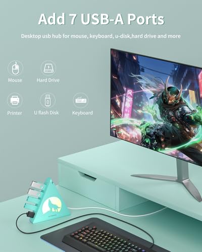 Green 7-Port USB 3.0 Hub,Vertical USB Hub Tower with RGB Lighting & 5Gbps Data Speed, 2FT Cable - Gaming USB Hub Splitter for PC, Desktop, Laptop, PS5, Xbox, Flash Drives - color: Green