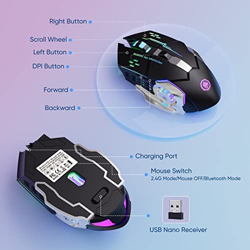 MELOGAGA Wireless Gaming Mouse Bluetooth/2.4G RGB Rechargeable -Black | Bluetooth/2.4G Dual Modes, Silent Clicks, 7-Color Backlit, 6 Buttons, Rechargeable Battery for PC, Mac, Laptop, Chromebook - color: Black