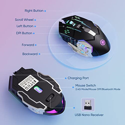 MELOGAGA Wireless Gaming Mouse Bluetooth/2.4G RGB Rechargeable -Black | Bluetooth/2.4G Dual Modes, Silent Clicks, 7-Color Backlit, 6 Buttons, Rechargeable Battery for PC, Mac, Laptop, Chromebook - color: Black