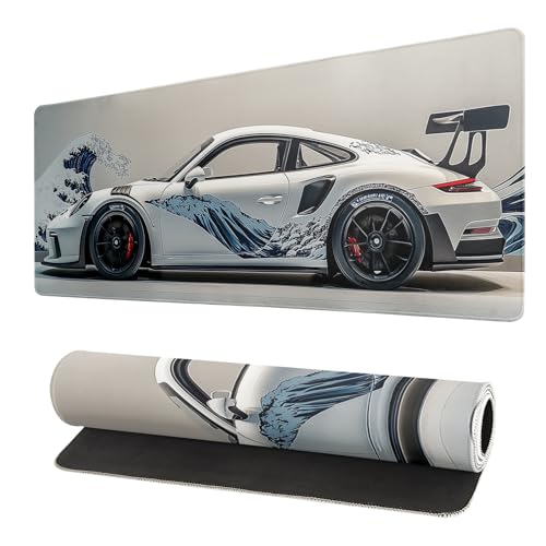 White Ukiyo-e Style Sports Car Large Gaming Mouse Pad Desktop Mat 31.5x11.8 Inch - Non-Slip Rubber Base - for Gamers - Perfect for Gamers & PC Enthusiasts - color: White Ukiyo-e Style Sports Car