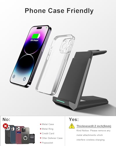 Wireless Charging Station for iPhone - ADADPU 3 in 1 Charger Stand for iPhone 17 16 15 14 13 12 11 Pro Max XR 8 Plus, for Apple Watch 8/7/SE/6/5/4/3/2, AirPods Pro/3/2(with 5ft Cable and 20W Adapter)