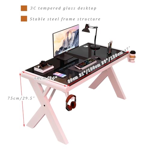 Tempered Glass Computer Desk, Modern Home Office Desk Personal Workstation with X-Shaped Metal Frame, Student Writing Desk Gaming Desk with Cable Management(80cm/31, Black C) - color: Black C, size: 80cm/31"