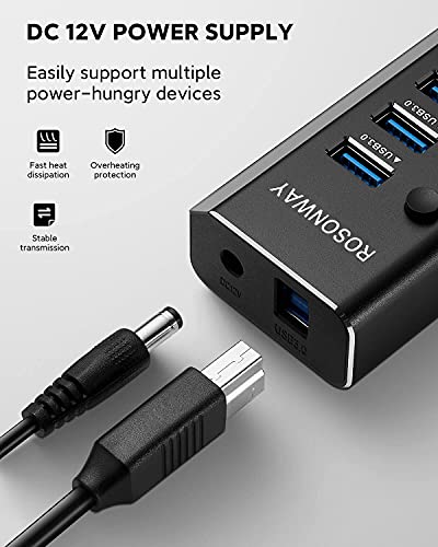 10-Port Powered USB Hub, Aluminum USB 3.0 Data Hub 36W, RSH-A10 | USB Extender Hub Splitter with 12V/3A Power Adapter and Individual On/Off Switches, for Laptop and PC - size: 10-Port Powered USB Hub