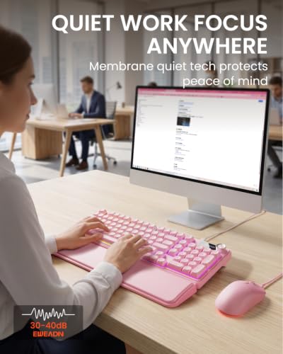 EWEADN Wired Keyboard and Mouse Combo with Detachable Wrist Rest, Quiet Ergonomic Keyboard Mouse Set with Multimedia Knob, RGB Backlit, Double-Shot Keycaps Natural Typing for Laptop, PC - Pink - color: Pink