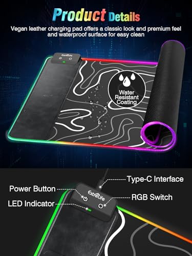 Wireless Charging RGB Gaming Mouse Pad, 31.5"x15.7" XXL Large Desk Mat | Desk Pad for Gamer, 9 Light Modes, Non-Slip Rubber Base, Waterproof Computer Keyboard Mat, Black and Topographic Line - color: Black-white Topographic Line