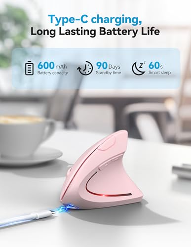 TECKNET Ergonomic Mouse Wireless, Rechargeable Vertical Mice Right Hand | 2.4G+Bluetooth, Multi Device, 4800 DPI Adjustable, Optical Carpal Tunnel Mouse, for Laptop, PC, Computer, MacBook, iPad, Pink - color: Pink