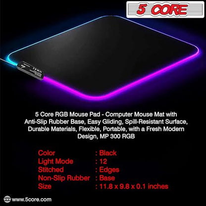 5 CORE RGB Gaming Mouse Pad Medium 11.8x9.8 Inch 12 LED Lighting Modes Desk Mouse Mat Non-Slip Rubber Base Waterproof Mousepad for Gaming MP 300 RGB