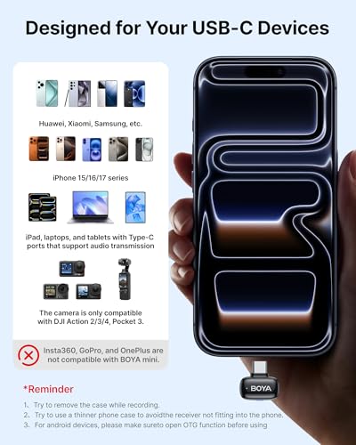 BOYA mini 2 Wireless Lavalier Microphone for iPhone 15/16/17 & Android | AI Noise Cancellation, App Control, 30H Battery Life with Charging Case for Vlogging Interviews and Content Creation